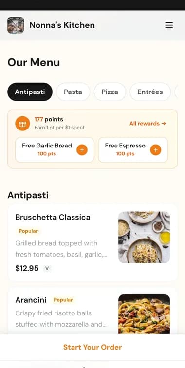 S4VOR mobile ordering - Nonna's Kitchen menu on phone